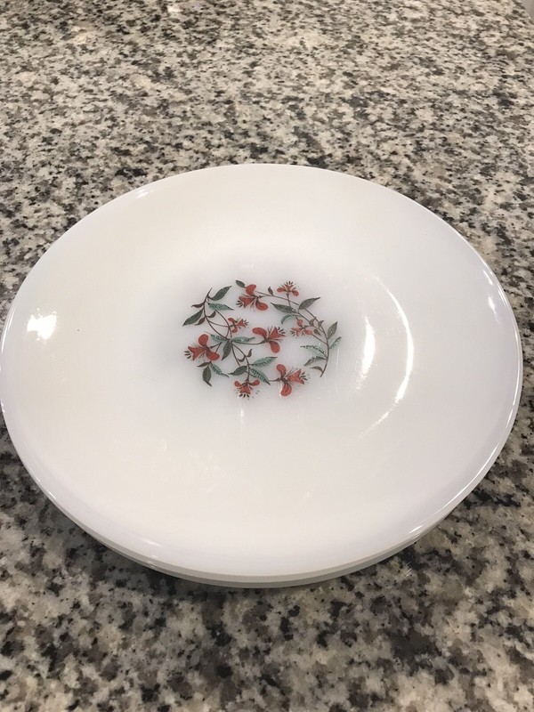 Set of 4 Fire King Honeysuckle 9” Dinner  Plates Red Floral Vintage Fireking
