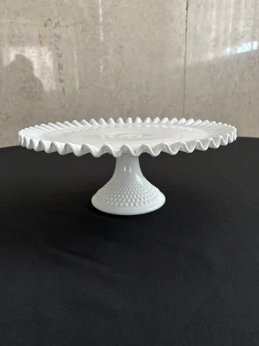 Fenton Milk Glass Hobnail Large Ruffled Edge Pedestal Cake Stand 13" VTG