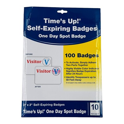 100 Badges C-Line Time's Up! Self-Expiring Visitor Badges One Day Spot Badge 3x2