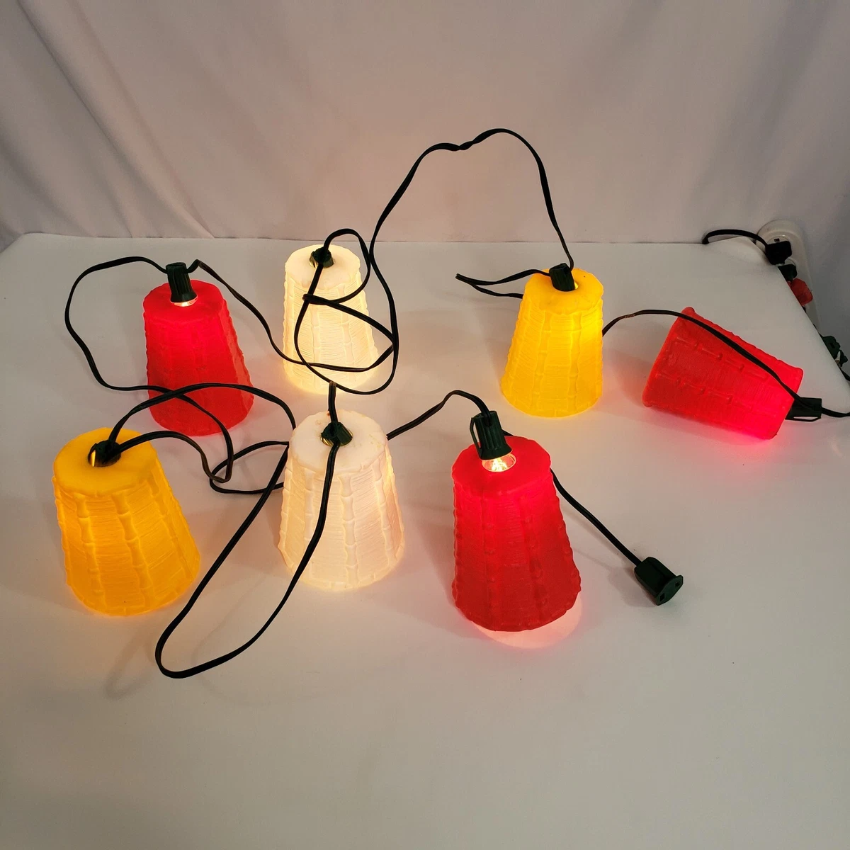 Vintage Blow Mold Plastic Tiki String Of 7 Lights Patio Camping Party Bamboo