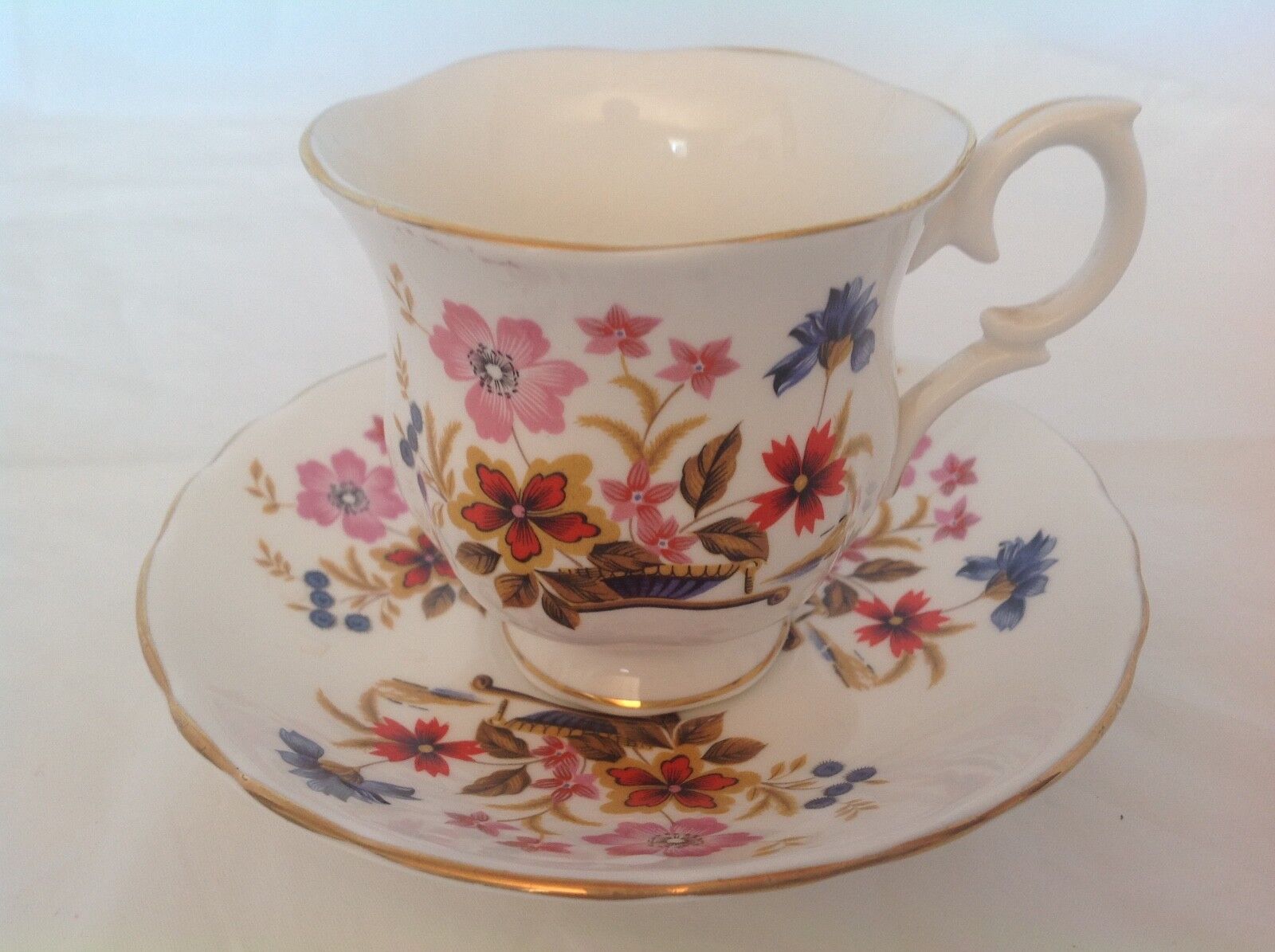BONE CHINA CUP & SAUCER CROWN STAFFORDSHIRE B402 FLORAL PINK RED BLUE GOLD TRIM