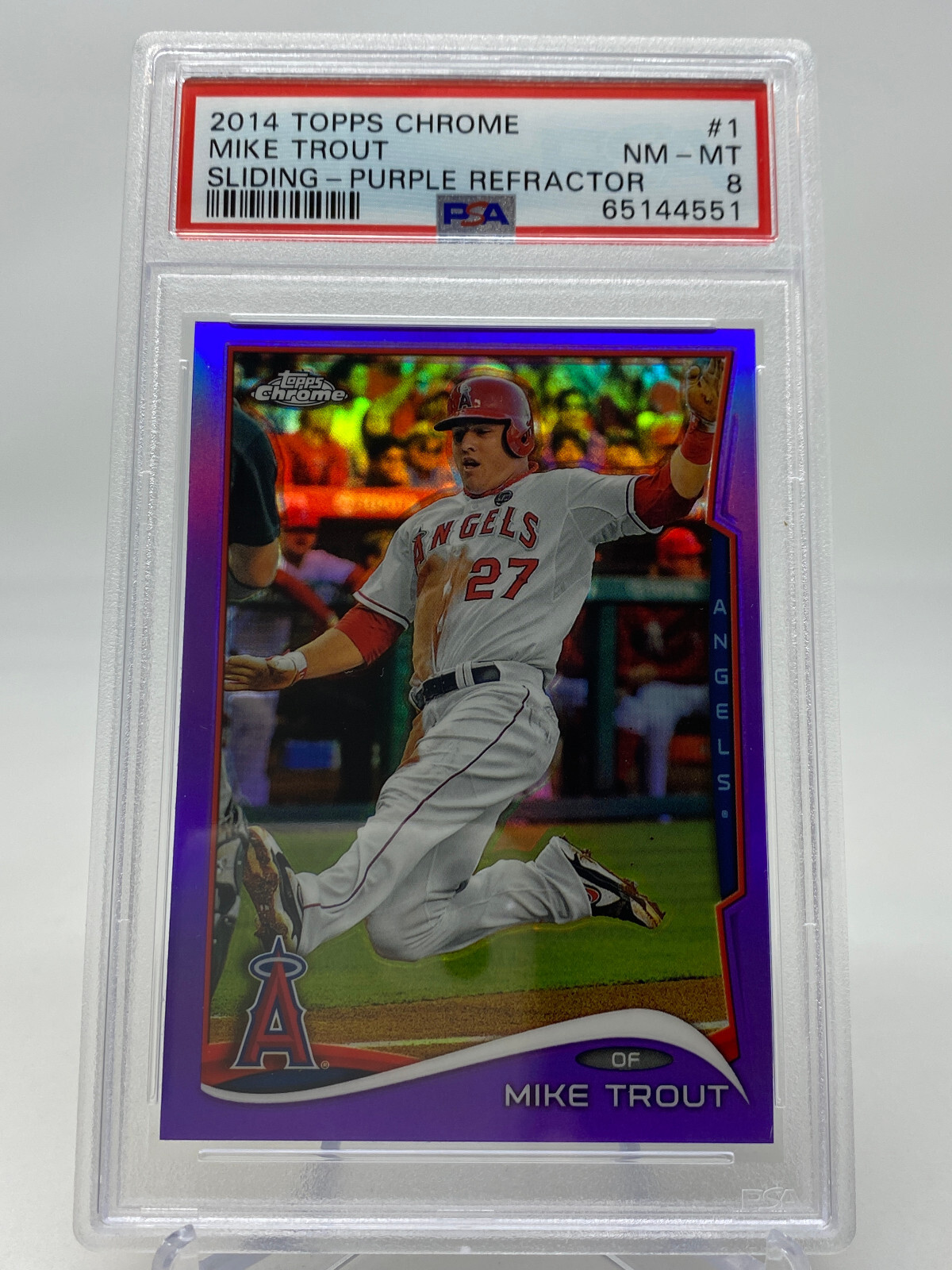 2014 Topps Chrome #1 Mike Trout Sliding PURPLE REFRACTOR - PSA 8 - POP 99 view 21