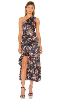 $595 Cinq À Sept Floral Kayleigh One Shoulder Silk Midi Dress Graphite Multi 8