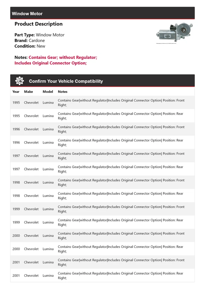 Para Chevrolet Lumina 1995-2001 Ventana Motor Cardone 1996 1997 1998 1999 2000 Foto 2 de 4