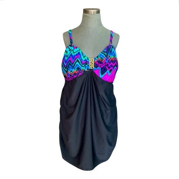 女士游泳上衣 CATALINA Bandeau 背心黑色多色荷叶边金色口音上衣 — 第 2/4 张图片