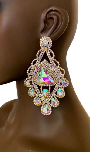4.75” Long Aurora Borealis Glass Crystals Evening Party Clip-On Hoop Earrings