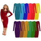 LADIES WOMENS LONG SLEEVE STRETCH BODYCON PLAIN JERSEY MIDI DRESS PLUS SIZE 8-26