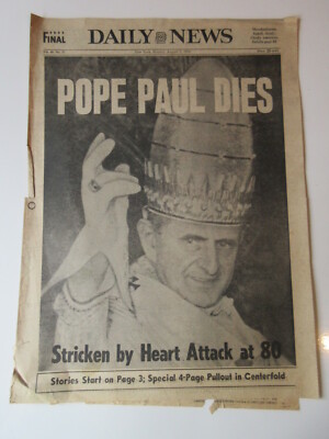 POPE PAUL DIES Daily News August 7, 1978 newspaper Catfish Hunter Yankees