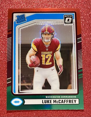 Luke McCaffrey 2024 Donruss Optic RED & GREEN PRIZM RATED ROOKIE #302 COMMANDERS