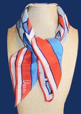 Vera Neumann square geometric scarf; orangey-red, blue tones, white; 22.5x22.5