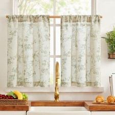 TOPICK Green Floral Linen Blend Kitchen Curtains 24 Inch Drop Short Cafe Curtai