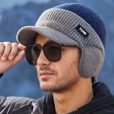 Men's Winter Beanie Hat with Ear Flaps - Knitted Warm Outdoor Cycling Cap