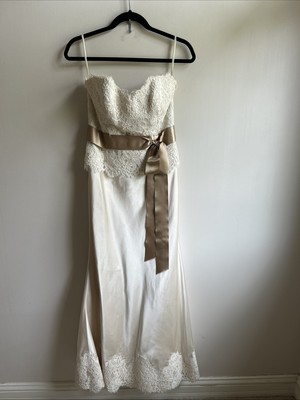 100% Silk Paloma Blanca A-line Strapless Ivory Beige Sash Wedding Dress Sz 10