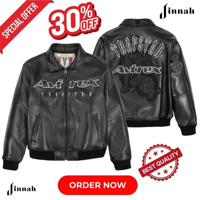 Authentic Trapstar x Avirex Black Leather Bomber Jacket - Dragon & Logo Edition