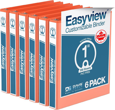 Easyview 1-Inch Premium 3-Ring Binders, Clear Covers, 6-Pack, Orange
