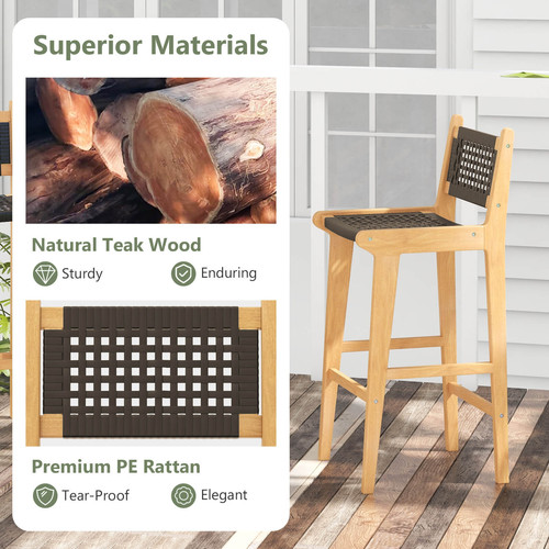 4PCS 30" Teak Wood Bar Chair w/ Backrest & Footrest Bar Height Chair for Deck - Picture 6 of 7
