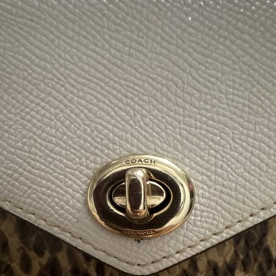 Coach White Brown Snake Pattern Crossbody Bag Chain Strap Turn Lock Accent