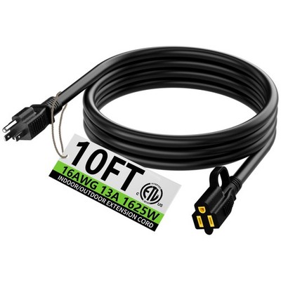 HUANCHAIN Indoor Outdoor Black Extension Cord 10 ft Waterproof, 16/3 Gauge Fl...