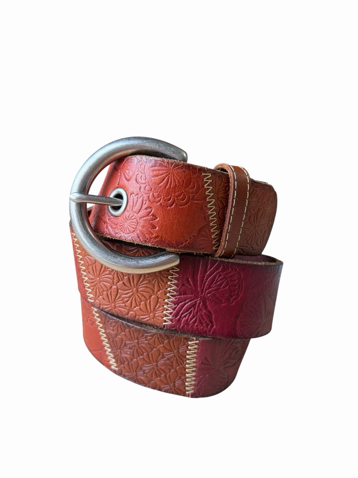 Fossil Brown Red Textured Patchwork Leather Belt … - image 1