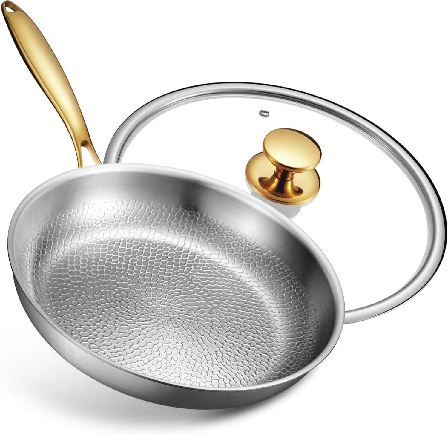 12 Inch Titanium Skillet With Lid Hammered Chef-Grade Design Nonstick Induction