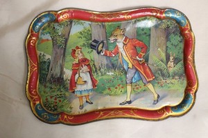 Antique German Tin Lithograph Toy Tea set Tray Red Riding Hood & Wolf BEAUTIFUL