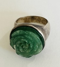 HEAVY VINTAGE SIGNED KC 925 STERLING SILVER CARVED JADE FLOWER RING SIZE 8