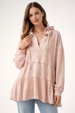 Free People Tiered Ruffle Hoodie Sweatshirt Heather Pink Cottagecore Fray Hem M