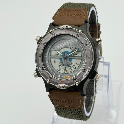 Men's WRANGLER Dark Gray Analog-Digital Watch, Brown/Green Strap, 40mm, QA-70