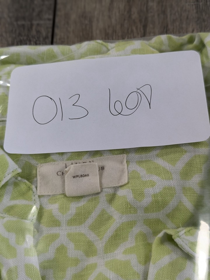 Linen Button Up Top Womens Medium Green Geometric Print Semi Sheer