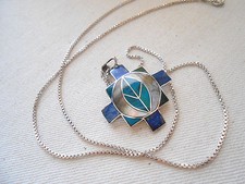 Vtg Mexico 950 Sterling Inlaid Lapis Lazuli Malachite Pendant Necklace 411211