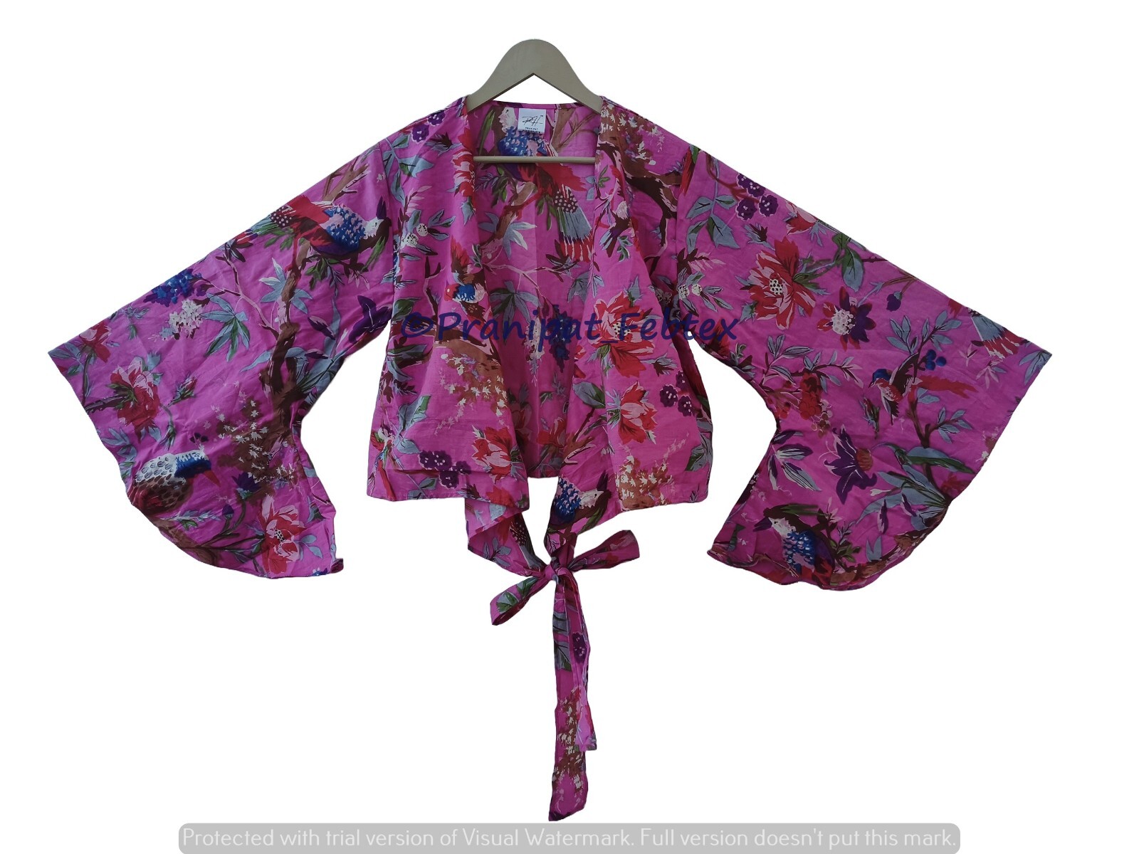 Mujer Algodón Rosa Pájaro Corbata Estampada Frente Campana Mangas Vientre Camisa