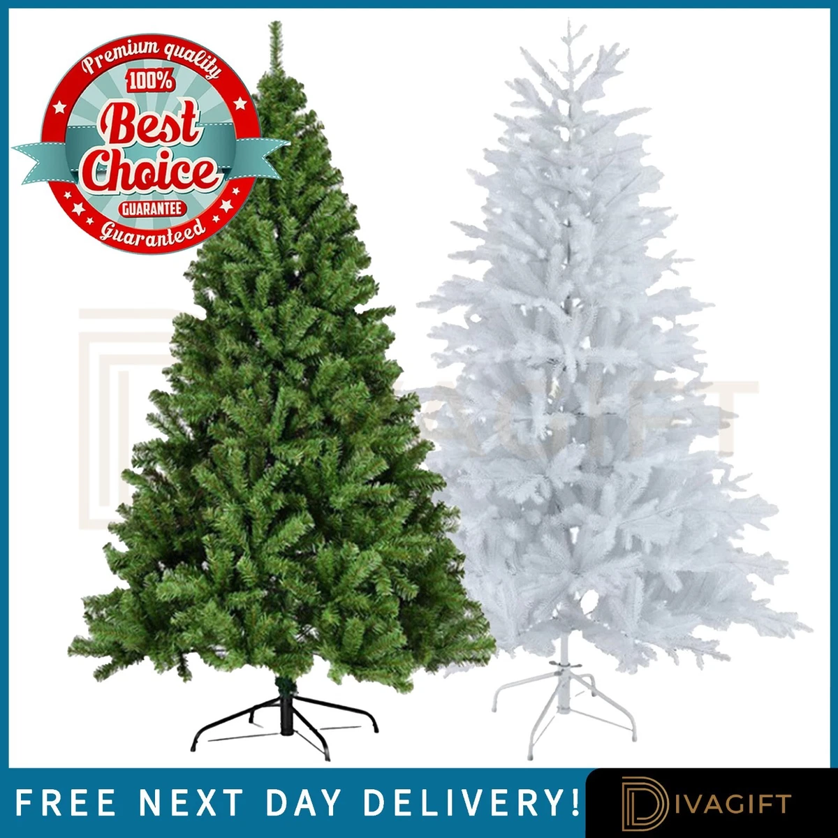 CHRISTMAS TREE WHITE GREEN XMAS TREE 5FT 6FT 7FT 10FT WITH METAL