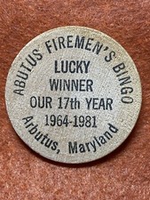 Arbutus, MD 1964-1981 Abutus Fireman’s Bingo Lucky Winner Indian Wooden Nickel
