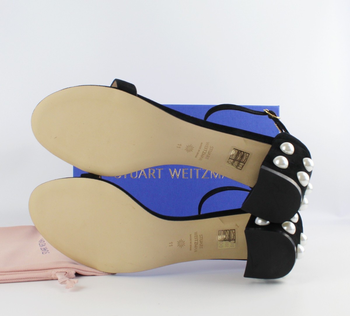 【Stuart Weitzman】パールバックルサンダル New Stuart Weitzman Simple Faux Pearl Sandal, US 11, Black