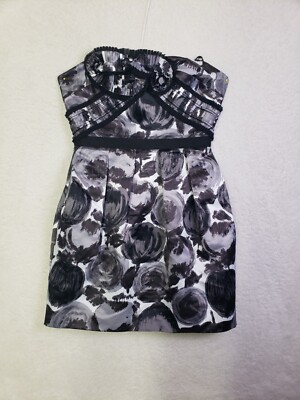 BCBGMaxazria Women Dress Black Printed Silk Blend Off Shoulder Mini  Sheath