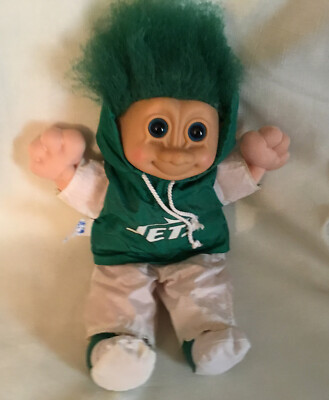 Vintage Treasure Troll Large Doll Soft Body GREEN Hair JETS FOOTBALL  Novelty