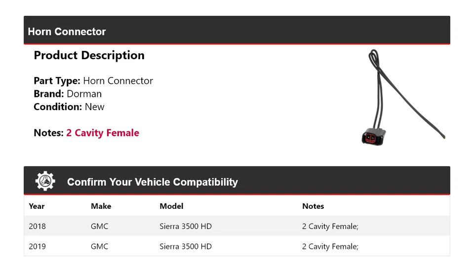 Conector de bocina Dorman HD 2018-2019 para GMC Sierra 3500 Foto 2 de 4