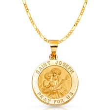 14K Yellow Gold St. Joseph Charm Pendant with 3.1mm Figaro 3 1 Chain Necklace
