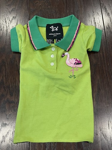 Michael Simon Dog Preppy Green Polo Shirt Sequin Flamingo  Size Medium