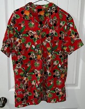 Disney Hawaiian Button Up Shirt Mens Large Red Mickey Mouse Aloha Short Sleeve