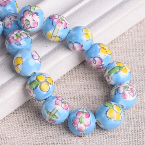 5pcs Hand Painted Flower Round 13mm-14mm Handmade Ceramic Porcelain Loose Beads - Picture 8 of 16