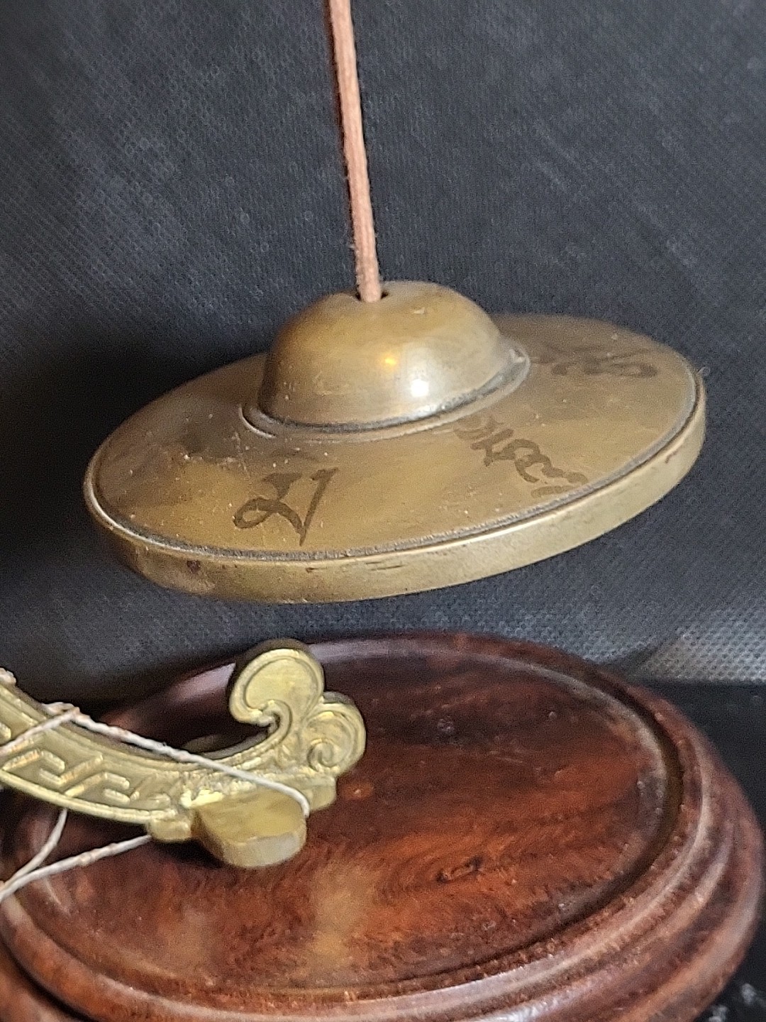 Tibet Collection Chime Meditation Bell Engraved Brass Wood Pedestal Religious 