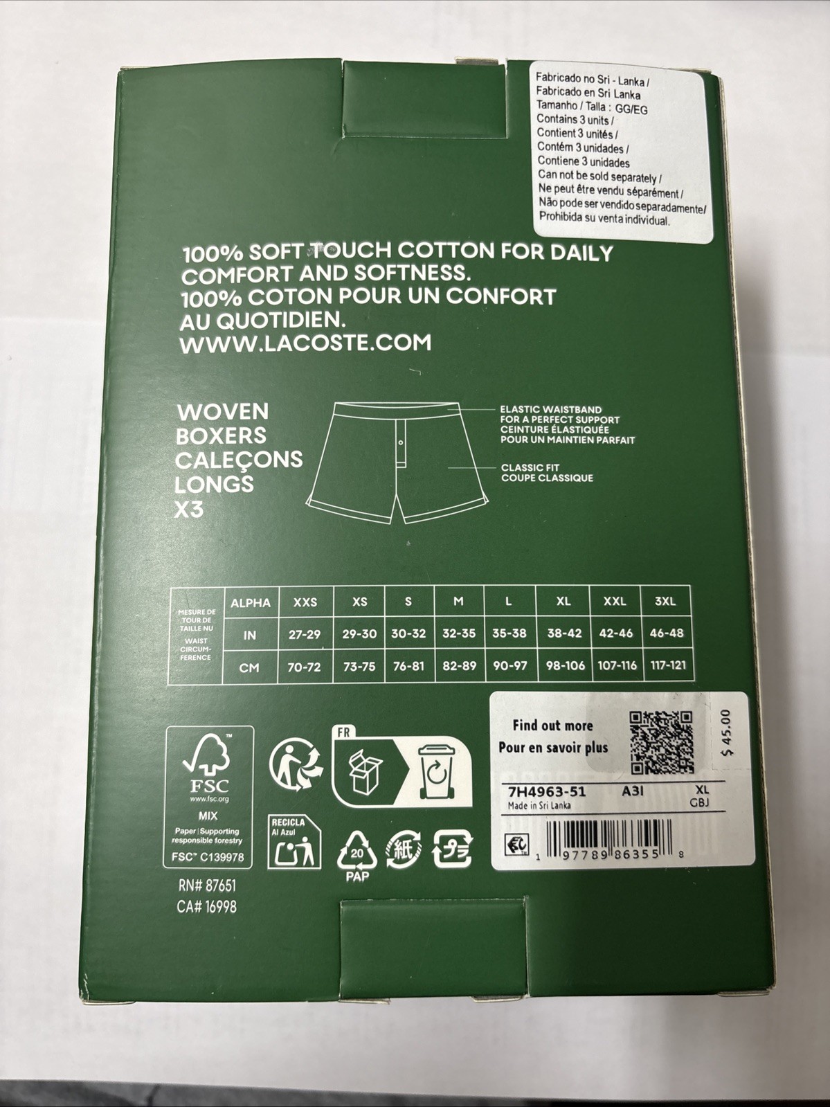 Lacoste Men's Woven Boxers 3-Pack 100% Cotton Dark Green Size XL NWT thumbnail 4