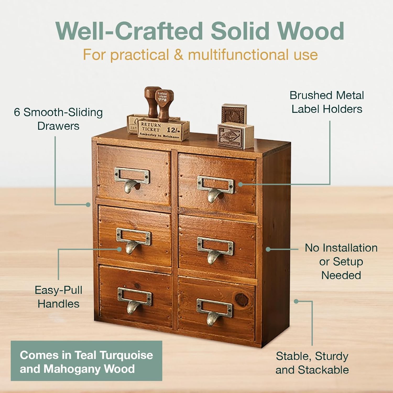 Vintage Card Catalog Drawers for Desktop - 6-Drawer Mini Wood Mahogany 