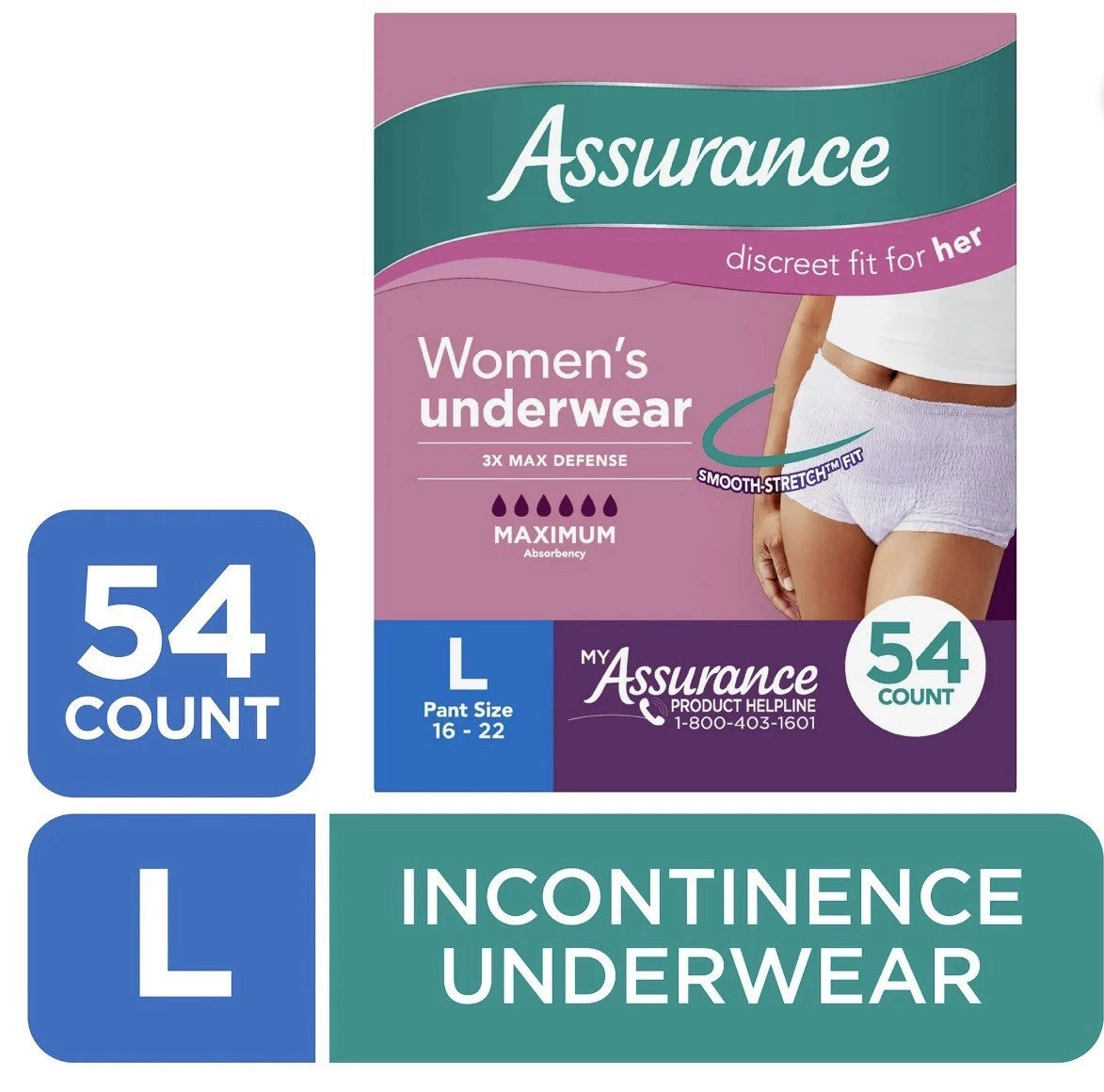 Assurance Women's Maximum Absorbancy Underwear, Large , (54 Count)