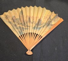 Fan Oriental Personal Paper  Bamboo Frame Painted Landscape Scene Wood Frame