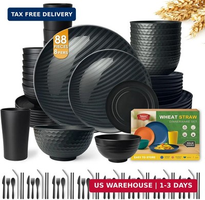 Teivio 88-Piece With Flatware Kitchen Plastic Wheat Straw Dinnerware Set for 8,