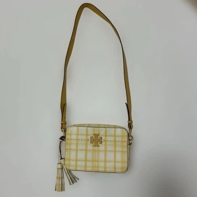 TORY BURCH Sac Bandoulière Pour Femme À Logo Plaid Jaune Blanc Pompon Charm - Photo 1/4