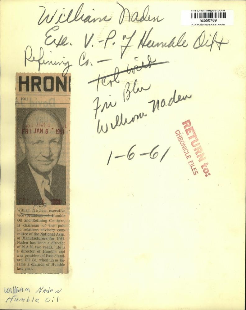 1961 Press Photo William Naden, Humble Oil Refining Co. executive vice president