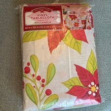 Christmas Tablecloth Rectangle Vinyl Poinsettia 60x102 Holiday New